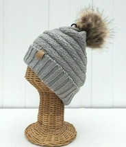 Winter Warm Gray Knit Stretch Beanie Hat With Silver Foiled Faux Fur Pom... - £13.57 GBP