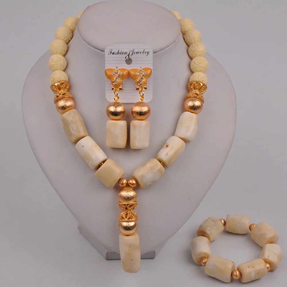 White Coral Beads African Jewelry Set Nigerian Wedding Coral Necklace Bridal Jew - £61.16 GBP