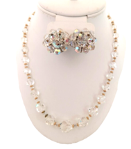 Vintage Women&#39;s Necklace and Clip On Earrings Set Sparkling Clear Acrylic - £14.80 GBP
