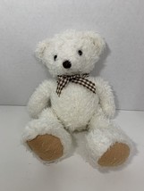 Dakin plush beanbag white shaggy teddy bear vintage brown gingham plaid bow - $19.79