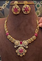 Bollywood Style Indian Gold Plated Chain CZ Choker Necklace Red Ruby Jew... - £74.19 GBP