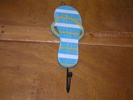 Gently Used Turquoise &amp; White Striped w Yellow Painted Wood Flip Flop Wall Hook - $8.59