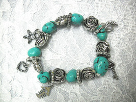 Turquoise Blue Howlite Nugget &amp; Roses W Heart Fish Key Charms Stretch Bracelet - $4.99