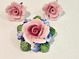 Vtg AYNSLEY Bone China Brooch Pin Earrings Set Pink Rose Flower Floral - £17.30 GBP