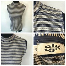 St John Knits Sleeveless Sweater Top size 12 Blue Striped Wool Mock Neck Vtg SV - £15.62 GBP