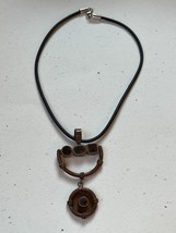 Black Tubular Rubber Cord w Unique Large Rustic Copper Crescent &amp; Circle Pendant - £14.80 GBP