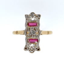 Filigree 18K Gold Ring with Diamonds and Synthetic Lab-Created Rubies (#J6034) - £292.41 GBP