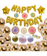 Happy Birthday Decoration Banner w/Gold Balloon Letters Stars Lantern Pa... - £16.41 GBP