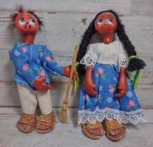 Pair Vintage Mexican Folk Art Oil Cloth Dolls Man w/ Broom Woman w/ Braids - £22.04 GBP