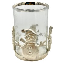 Large Snowman Pillar Candle Holder Pewter and Glass 8 x 6 in Holds 3x3 Candle - £19.78 GBP