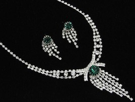 Emerald green crystal clear rhinestones evening necklace set bridal prom boxed - $16.82