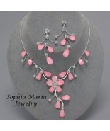 Pink Flower Crystal 2 piece Bridesmaid Wedding Party Prom Evening Necklace Set - £15.91 GBP