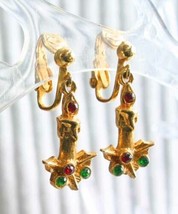 Festive Rhinestone Gold-tone Christmas Candle Clip Earrings 1960s vintag... - $12.95