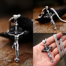Mens Unisex Vintage Jesus Christ Crucifix Cross Pendant Necklace Stainless Steel - £8.76 GBP