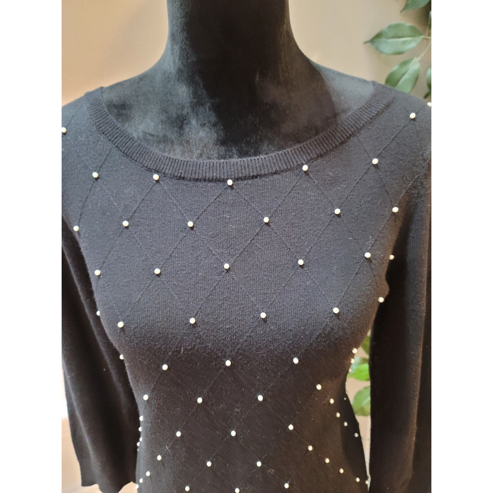 ELLE Sweater Women's Medium Black Pearl Embellished 34 Sleeve Pullover Knit Item image 5