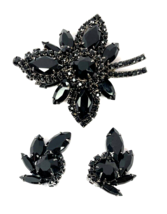 Vintage Juliana D&amp;E Glass &amp; Rhinestone Pin Brooch &amp; Earrings Jet Black Set - $125.00