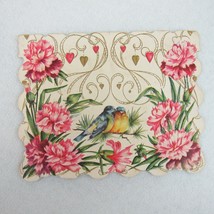 Vintage Valentine Card Pink Carnation Flowers &amp; Blue Birds Gold Scroll Hearts - £11.98 GBP