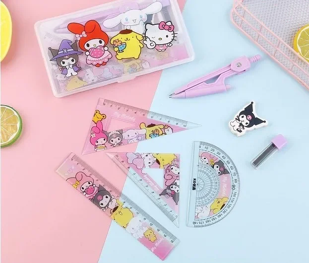 Cartoon Sanrio compasses ruler 7-piece set triangular plate protractor eraser - £7.67 GBP