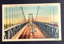 Delaware River Suspension Bridge PA NJ Cars Linen Metrocraft Postcard c1940s - $7.99