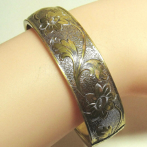 Old Vintage Brass Cuff Bangle Bracelet Engraved Flowers Scrollwork Fits 8&quot; Wrist - £17.90 GBP