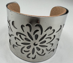 Bracelet Silver Tone  Floral Geometric Design cuff Faux Leather 2.25 Ins.Wide - £6.02 GBP