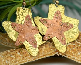 Texas Star State Mixed Metal Earrings Brass Copper Pierced Dangles - £15.94 GBP