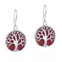 Mystical Tree of Life Red Coral Inlay .925 Sterling Silver Earrings - £19.95 GBP