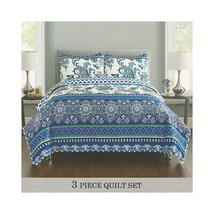 Floral Bedspread Set   3 Piece Quilted Blue, Green &amp; White Full/Queen &amp; ... - $63.58+