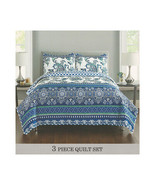 Floral Bedspread Set   3 Piece Quilted Blue, Green &amp; White Full/Queen &amp; ... - £55.34 GBP