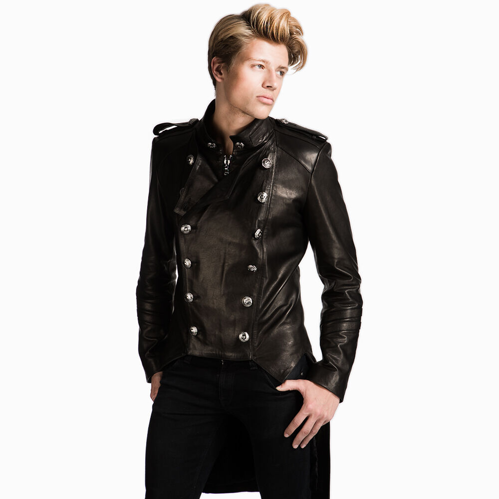 Primary image for MEN'S BLACK LEATHER TAILCOAT GOTHIC VICTORIAN STEAMPUNK MILITARY STYLE JACKET