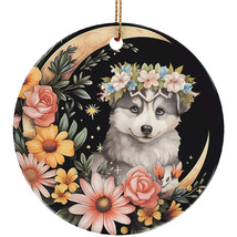 Cute Siberian Husky Puppy Dog Moon &amp; Flower Christmas Ornament Ceramic Gift - £11.83 GBP