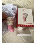 Hallmark Ornament Baby Girl&#39;s First Christmas 2017 Bear in Pink Stocking... - $18.27