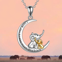 Silver Plated Mother &amp; Baby Elephant Moon Charm Pendant Necklace - £8.11 GBP