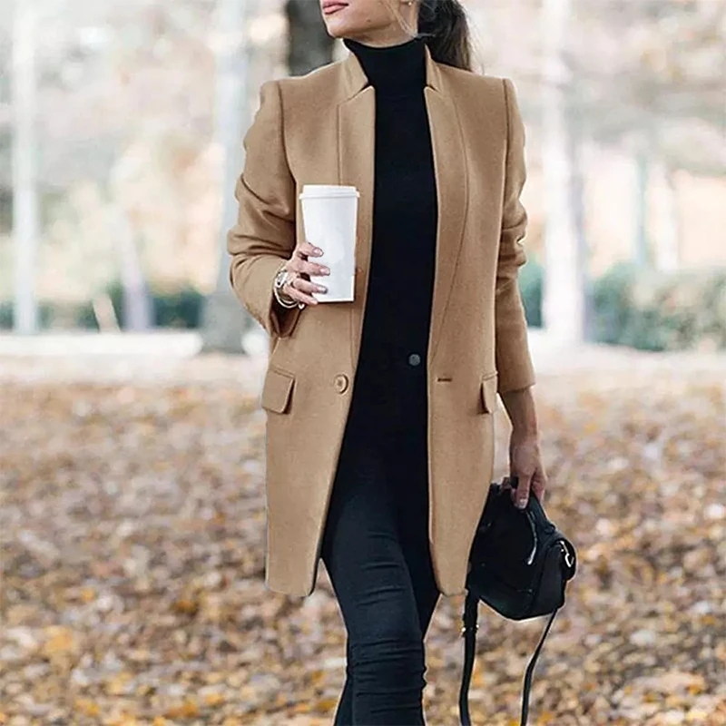  Trench Long Coat 2021 Autumn Winter Lapel Long Sleeve Coats Office Ladies Solid - £146.14 GBP