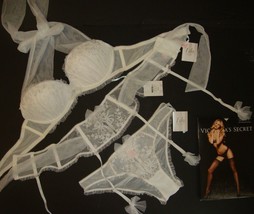 Victoria&#39;s Secret 32B Bra Set+Garter Belt+Babydoll White Embroidered Bridal I Do - £141.16 GBP