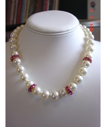 Swarovski Cream Pearl Necklace with Pink Rose accent rondelles - £31.92 GBP