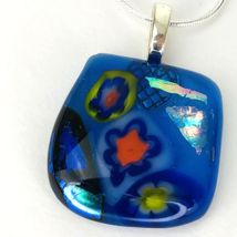 Dichroic Fused Art Glass Blue Sparkle Square Floral Pendant Necklace 24&quot; Chain - £22.13 GBP