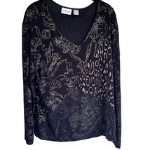 Chico&#39;s Travelers Slinky Top 3 US XL  Black Long Sleeve Printed V-Neck  ... - $15.29