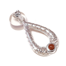 Cabochon Red Gold Stone Round Gemstone 925SilverOverlay Handmade Carving Pendant - £7.83 GBP