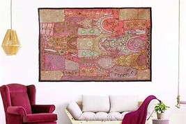 Indian Heavy Hand Embroidered Wall Hanging Vintage Zari Patchwork Beads Tapestry - £57.99 GBP