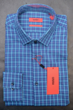 Hugo Boss Men&#39;s Mabel Sharp Fit Turq/Aqua Check Cotton Dress Shirt 39 15.5 34/35 - £60.88 GBP