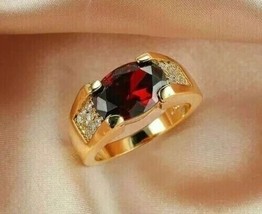 2Ct Oval Cut Lab Created Red Garnet Men&#39;s Band Pinky Ring 14K Yellow Gold Plated - £120.63 GBP
