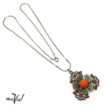 Vintage Necklace w Ornate Flower Orange Bead Pendant - 18&quot; Long Chain - ... - £17.38 GBP