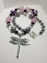 Silver Dragonfly Pendant Statement Necklace with Purple and Pink Mixed Beads - £40.41 GBP