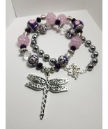 Silver Dragonfly Pendant Statement Necklace with Purple and Pink Mixed B... - £40.06 GBP