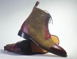 Handmade Men Burgundy &amp; Brown Boots, Men Leather Suede Ankle High Design... - £128.19 GBP+
