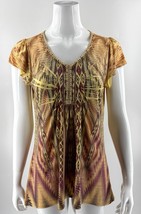 Unity World Wear Womens Top Size Medium Yellow Red Flutter Sleeve Beaded Artsy - $24.75