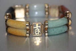 Vintage 14K Yellow Gold Chinese Good Luck Double Jade Bars Heavy Bracelet 45.0gr - £1,799.26 GBP