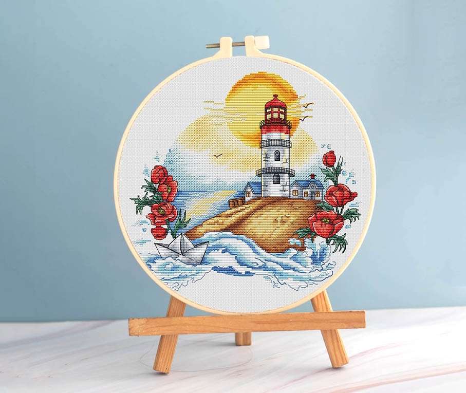 Lighthouse cross stitch sunset pattern pdf - Seacoast embroidery cross s... - $10.99