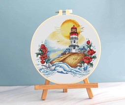 Lighthouse cross stitch sunset pattern pdf - Seacoast embroidery cross s... - $10.99